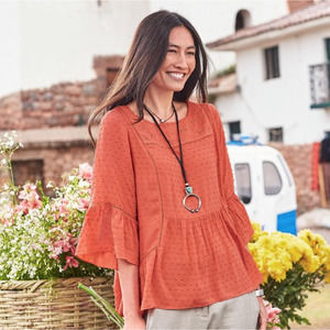 Sundance Susannah Blouse Size Medium Orange Ruffle Swiss Dot Eyelet
